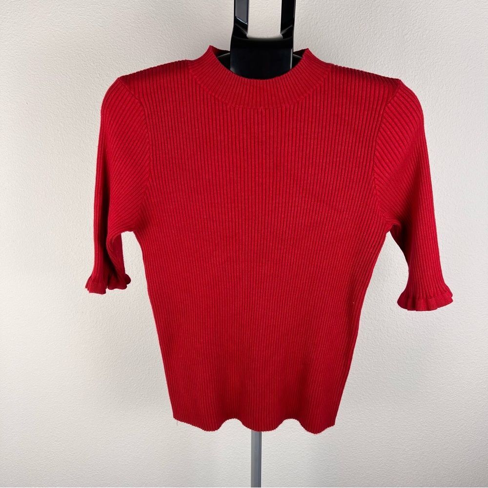 Anna Rose Red Ribbed Knit Mock Neck Top Ruffle Sleeve Stretch L Academia Career